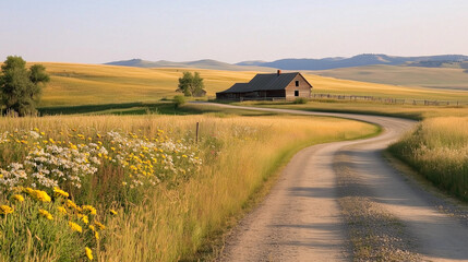 Fototapeta premium A picturesque rural scene featuring golden wheat fields swaying in the wind.