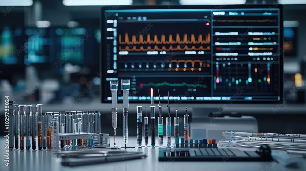 Poster laboratory equipment and computer display with data analysis, modern research setting.