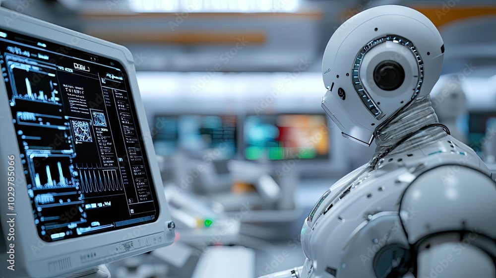 Poster robot working at a computer, modern technology concept, futuristic design.