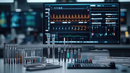 Laboratory equipment and computer display with data analysis, modern research setting.