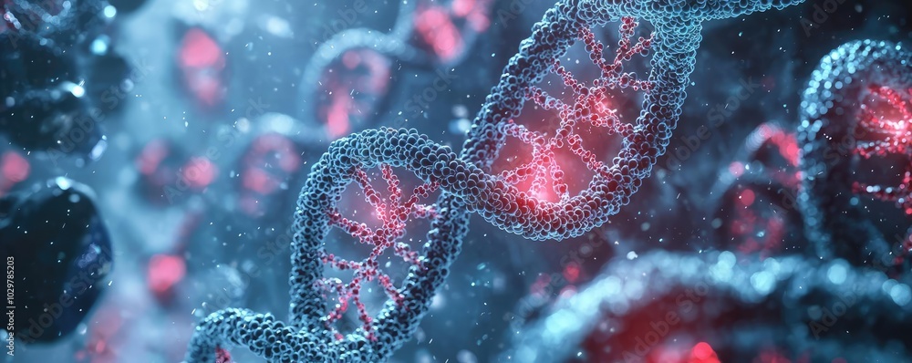 Poster abstract representation of dna strands with glowing elements in a scientific setting.