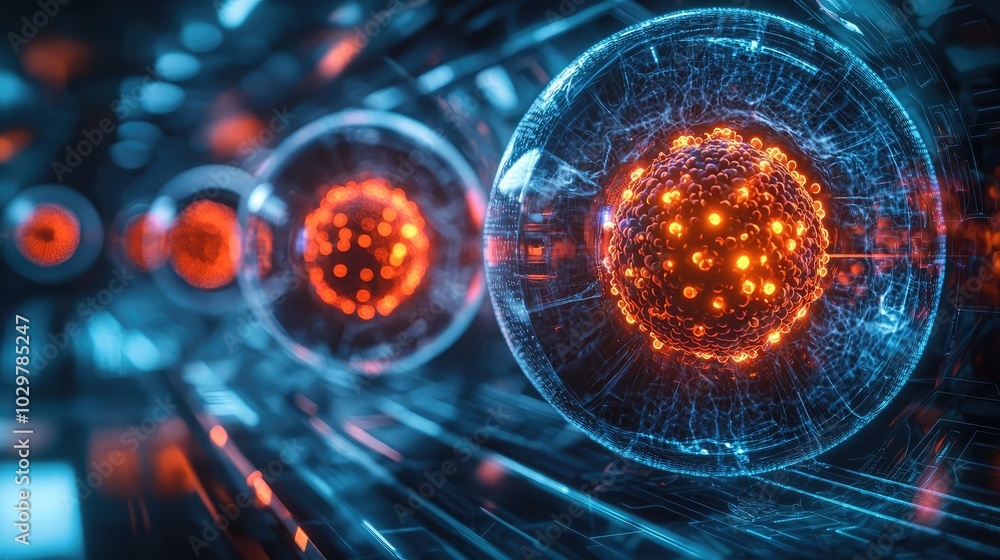 Poster futuristic atomic models with glowing elements on a dark background.