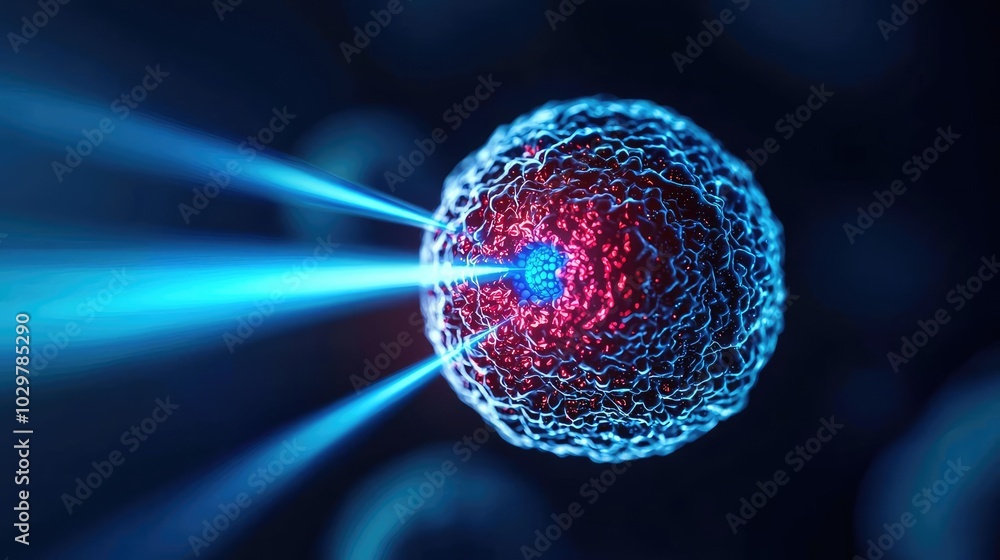 Poster abstract representation of a cell illuminated by laser beams on a dark background.