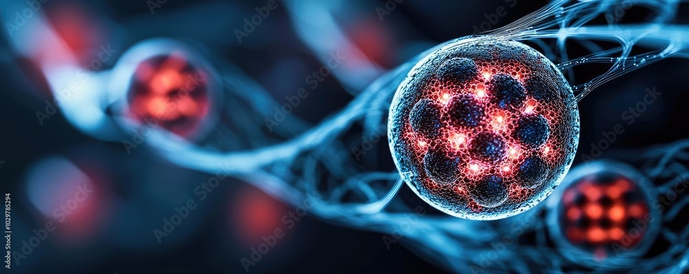 Poster colorful abstract representation of molecular structures on a dark background.