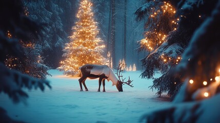 Reindeer grazing in a snow-covered forest, Christmas lights glowing softly in the trees