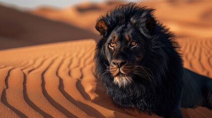 Majestic black lion resting in desert sands, showcasing its powerful presence