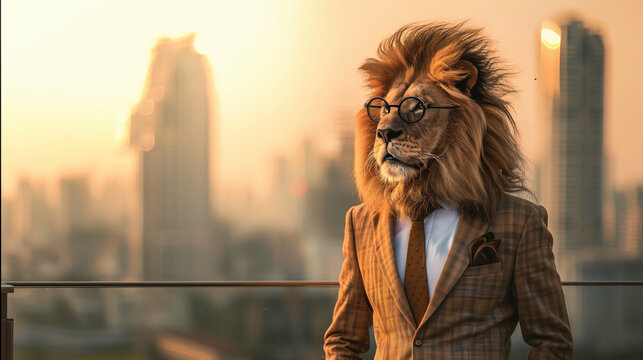 humanized lion wearing glasses and suit stands confidently against city skyline