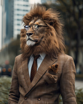 humanized lion wearing glasses and suit exudes confidence and charm