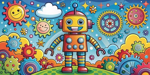 Fototapeta premium Colorful Robot Cartoon Vector Art with High Depth of Field for Playful Illustrations and Designs