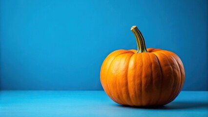 Ripe orange pumpkin on blue background, medium shot