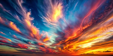 Obraz premium A symphony of crimson, amber, and azure paints the sky as the sun descends, casting long shadows and illuminating the clouds with ethereal hues.