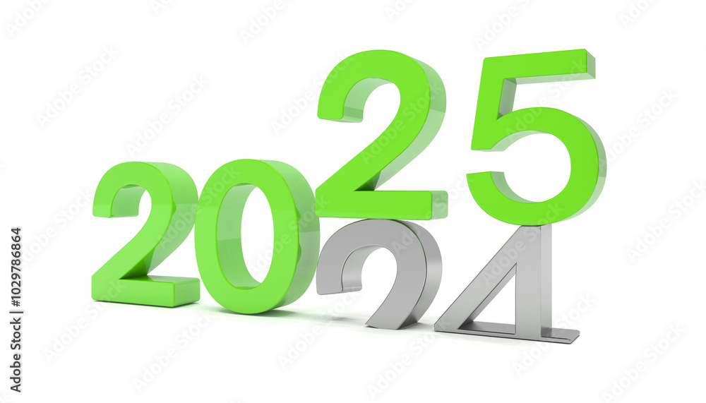 Poster 3d render of the numbers 2025 and 24 in green and silver color over white background. the number 25 