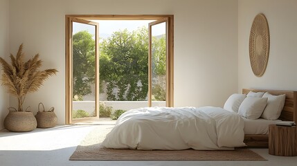 Bright Minimalist Bedroom with Open Windows and Nature View