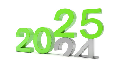 3d render of the numbers 2025 and 24 in green and silver color over white background. The number 25 falls on the number 24 and breaks in it in the ground. - Vacation concept.