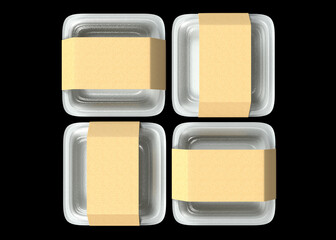 Square plastic disposable food container with transparent lid and empty white paper wrap top, side, and angle view. Realistic mockup of sushi delivery box, isolated meal lunch take away, 3d render