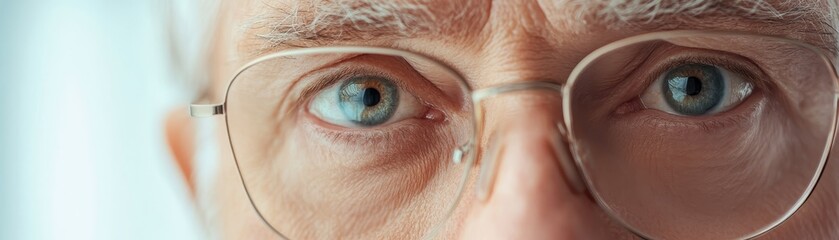 A man with glasses and blue eyes. The man is looking at the camera. The man's eyes are blue and he is wearing glasses