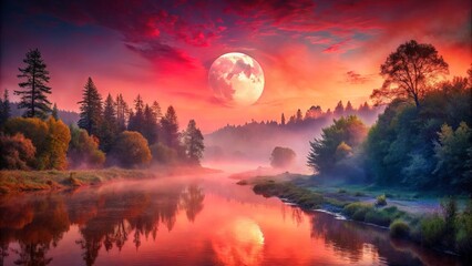 Fototapeta premium Serene River Reflecting a Full Moon Under a Crimson Sky, Silhouetted Trees, and a Misty Morning