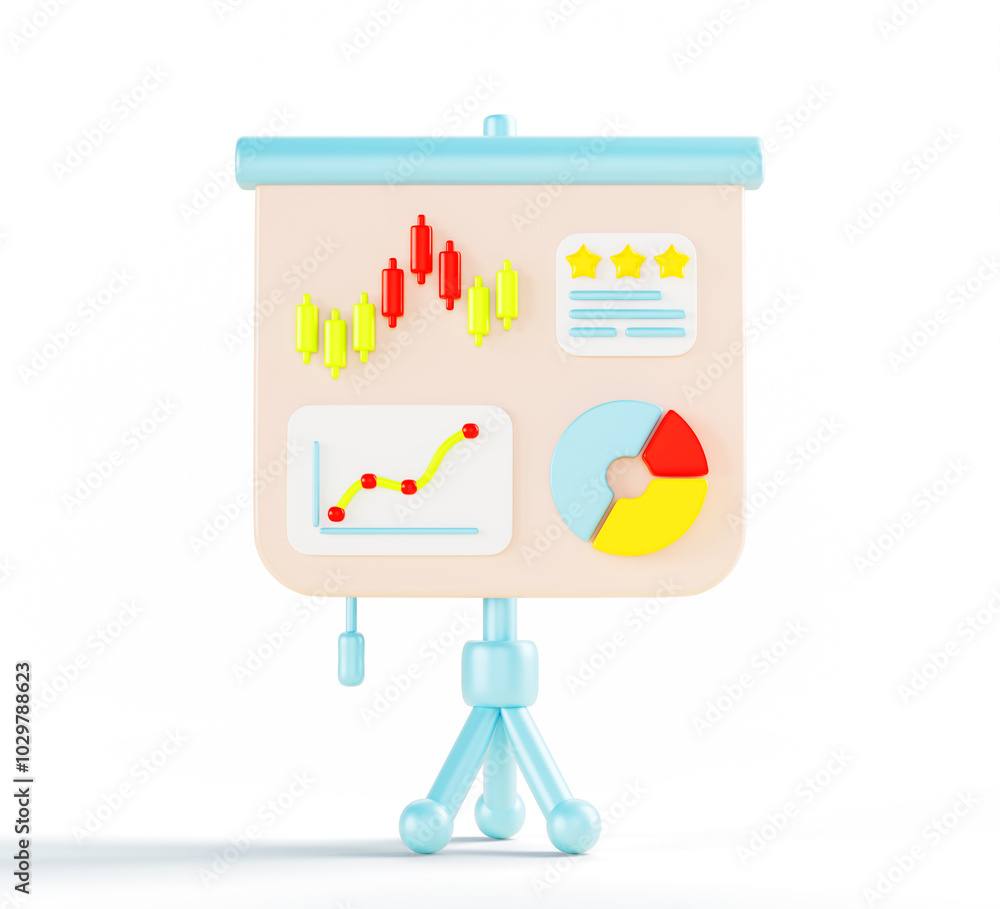 Poster 3d white board with infographic charts and diagrams. isolated flipchart on blue tripod with data gra