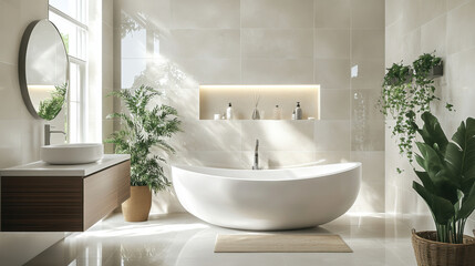 Modern bathing room interior with tub on white tiled floor, deck in wall with bathing accessories