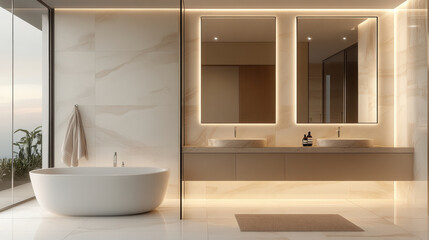 Luxurious white modern style bathroom with marble floor and walls