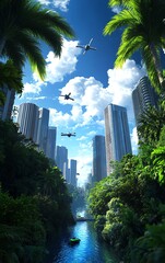 A sprawling digital age business district with hightech skyscrapers, flying vehicles, and futuristic architecture