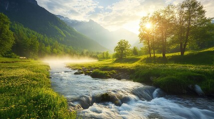 Scenic River in Lush Green Valley at Sunrise