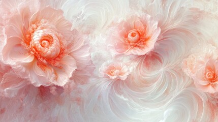Abstract floral background with soft pink and white flowers on a swirling, textured background.