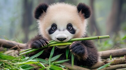 A cute baby panda sitting in the grass and eating bamboo shoots.