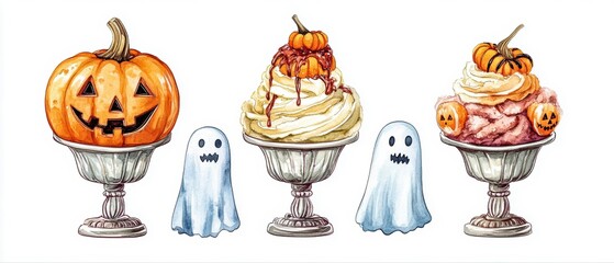 Colorful Halloween desserts featuring ghost and pumpkin decorations in spooky ice cream cups.