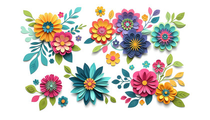 Colorful Paper Flowers and Leaves Arrangement