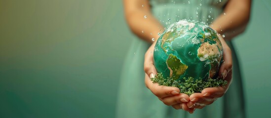 Earth planet with water drops and clouds held in hands on green background. World environment day concept