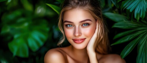 Fototapeta premium A serene portrait of a young woman smiling amidst lush green foliage, showcasing natural beauty and tranquility.