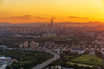 Naklejka premium Overlooking the dusk of Beijing city from Tongzhou district