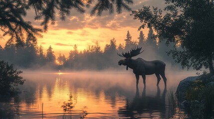 A majestic moose stands in a misty lake at sunrise, surrounded by trees and a golden sky.