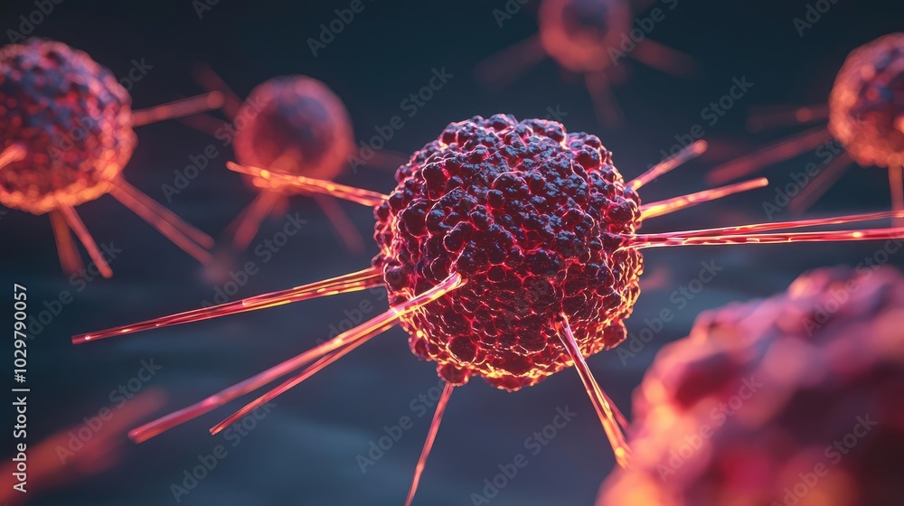 Poster colorful 3d rendering of a virus cell with spikes on a dark background.