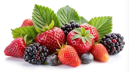 Various berries and leaves on white background