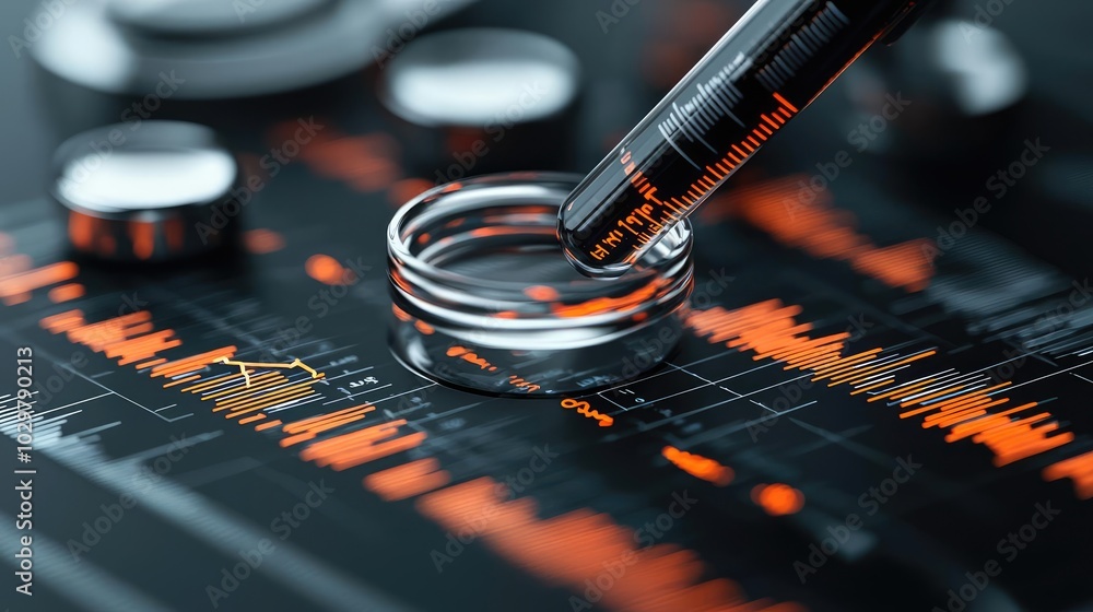 Poster scientific experiment with pipette over glass ring and data visualizations.