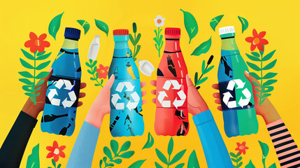 Hands holding colourful plastic bottles with recycling symbols, promoting environmental awareness and sustainability