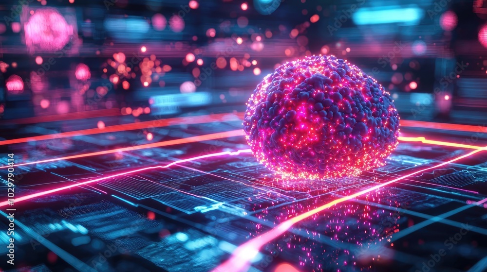 Poster abstract representation of a vibrant digital particle in neon lights