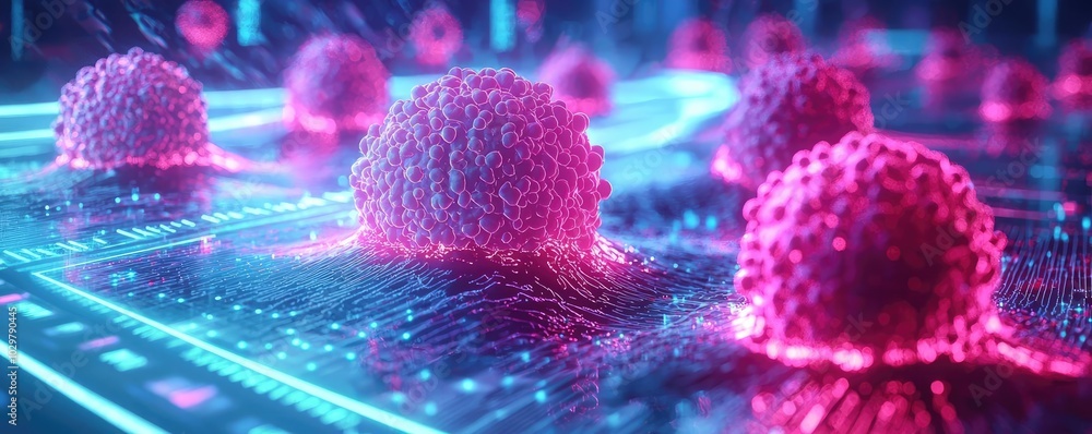 Poster colorful 3d rendering of cells on a digital interface background.