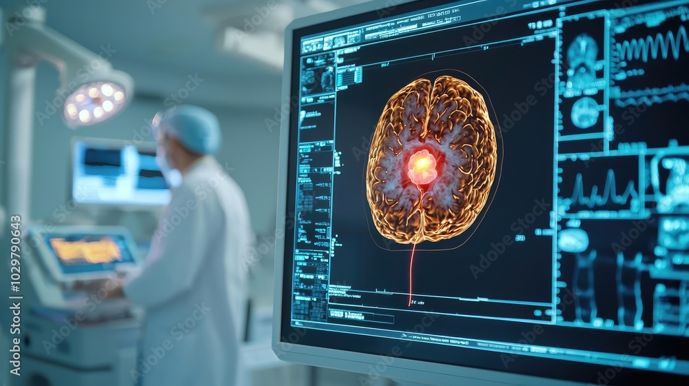 Poster medical professional analyzing brain scan on digital display in laboratory.