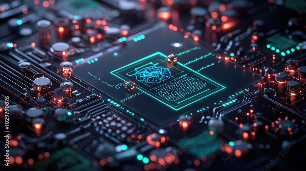 Poster close-up view of a circuit board with glowing components and intricate details.