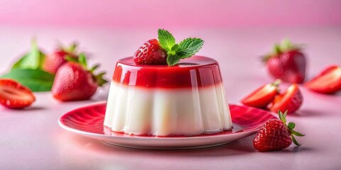 A Delicate Creamy Dessert Topped with a Bright Red Glaze and a Fresh Mint Leaf, Served on a Plate with a Smattering of Strawberries