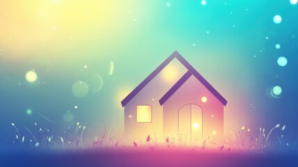 Naklejka premium A colorful and dreamy illustration of a house, set against a soft, glowing background with whimsical lights and a serene atmosphere.