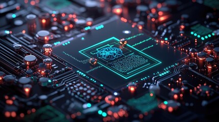 Obraz premium Close-up view of a circuit board with glowing components and intricate details.