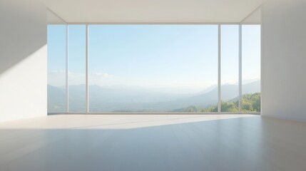 A large, empty room with a large window overlooking a mountain. The room is very clean and has a minimalist design. The window lets in a lot of natural light, making the room feel bright and airy