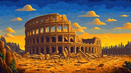 Colosseum Ruins Under Starry Sky at Sunset