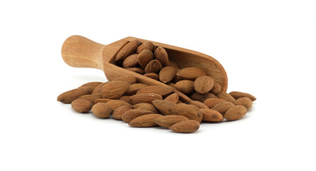 Wooden scoop overflowing with almonds isolated on white background