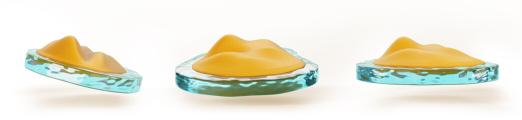 3d set of sand island on blue water of sea or ocean cartoon render icon. Tropical beach landscape, small round isle with desert or dune texture, isolated land piece with sandy shore. 3D illustration