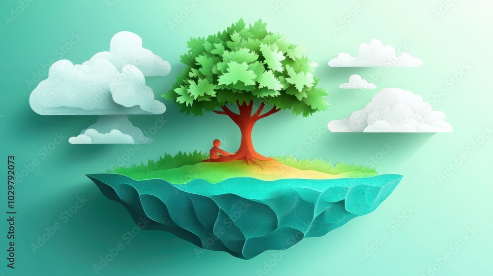Poster tranquil scene with tree and clouds in paper art style
